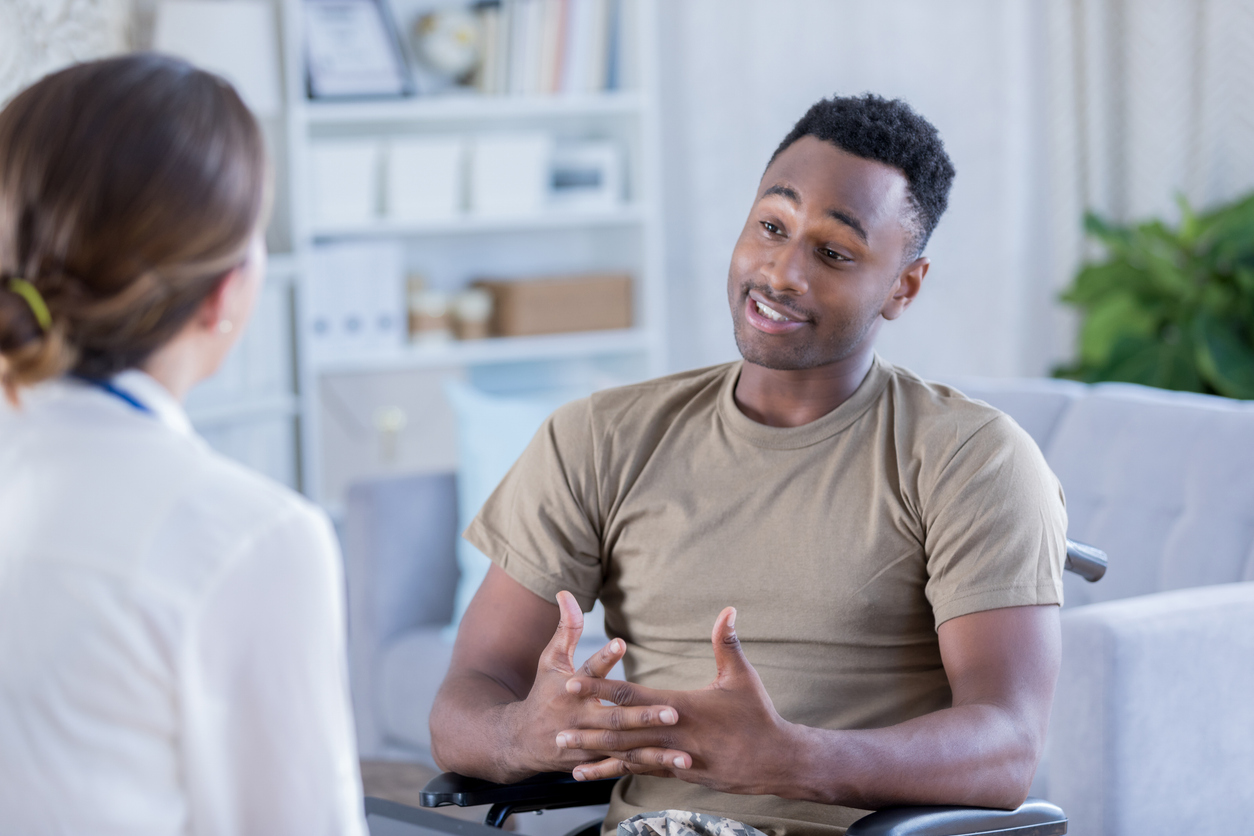 trauma counseling session with soldier experiencing past trauma and anxiety